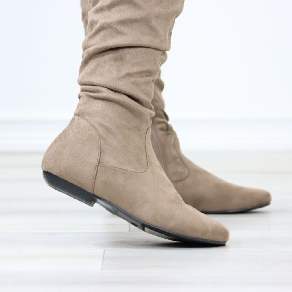 Taupe Thigh High Over The Knee Flat Boots Faux Suede Laced Back - Picture 7 of 15